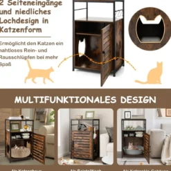 Katzenschrank Katzentoilette mit Lamellentür & Eingang Katzenhaus mit Regal & Haken Braun