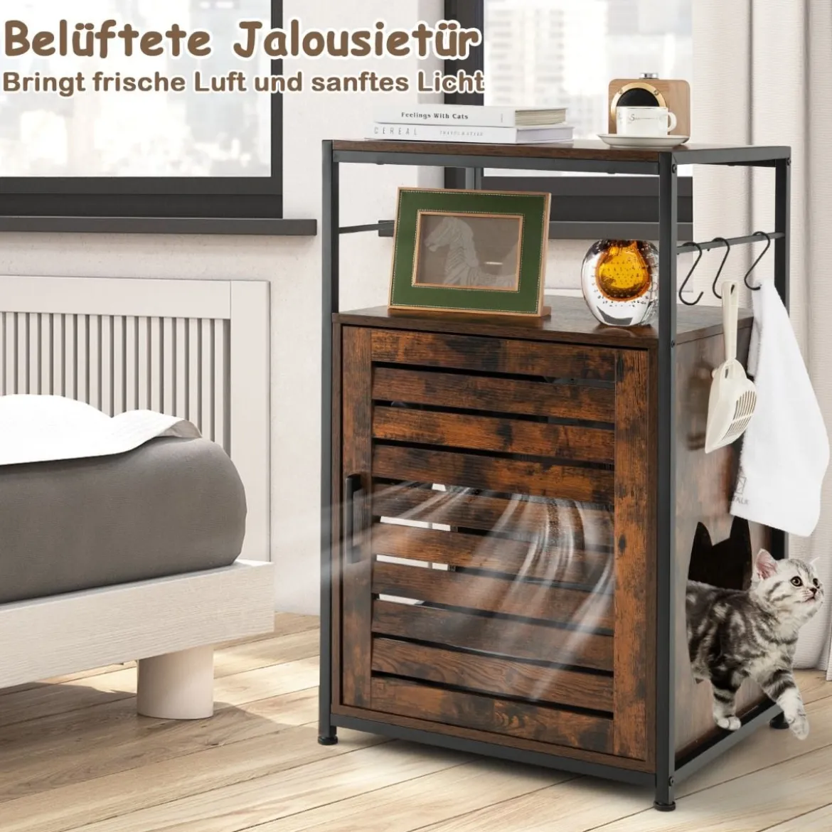 Katzenschrank Katzentoilette mit Lamellentür & Eingang Katzenhaus mit Regal & Haken Braun