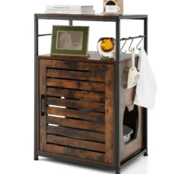 Katzenschrank Katzentoilette mit Lamellentür & Eingang Katzenhaus mit Regal & Haken Braun