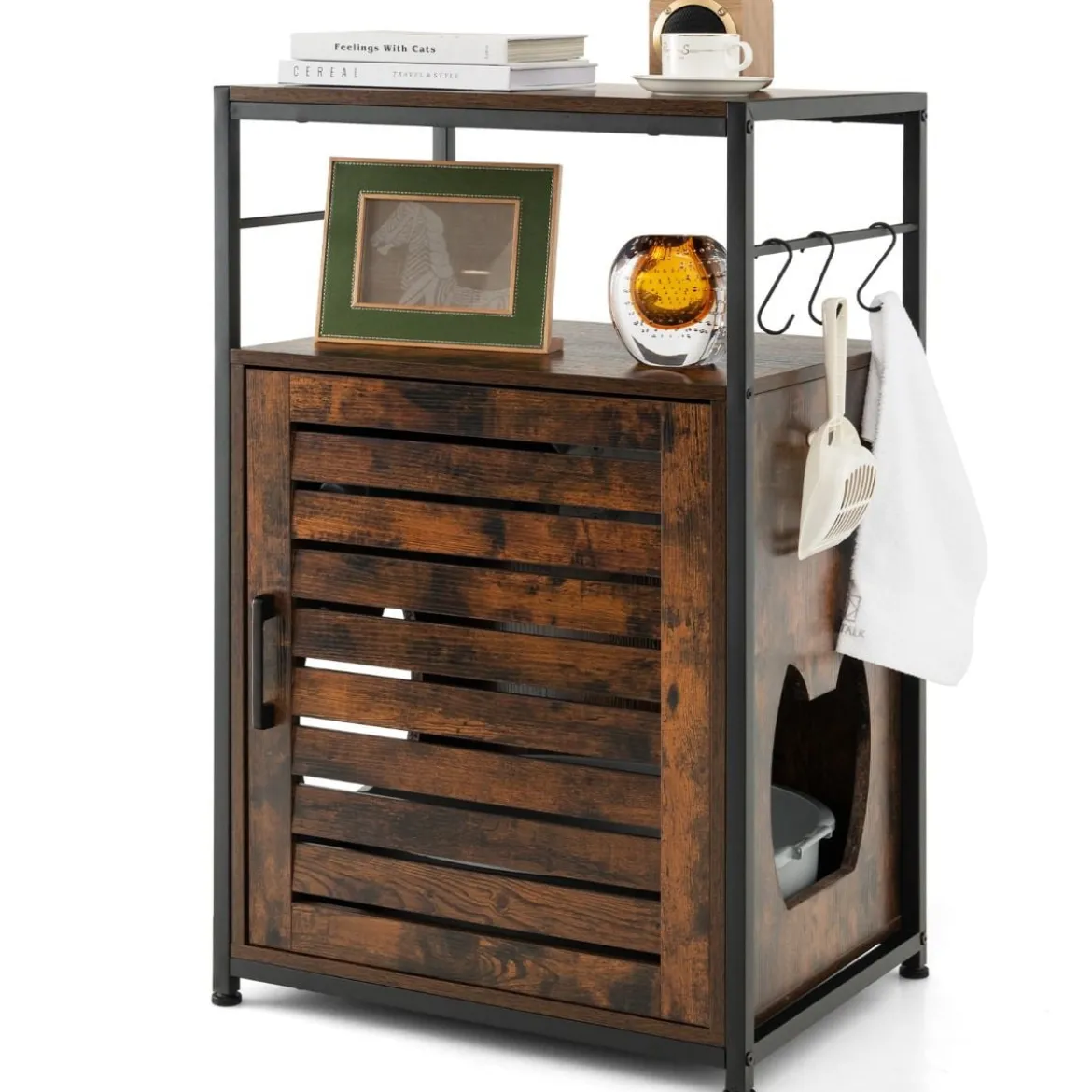 Katzenschrank Katzentoilette mit Lamellentür & Eingang Katzenhaus mit Regal & Haken Braun