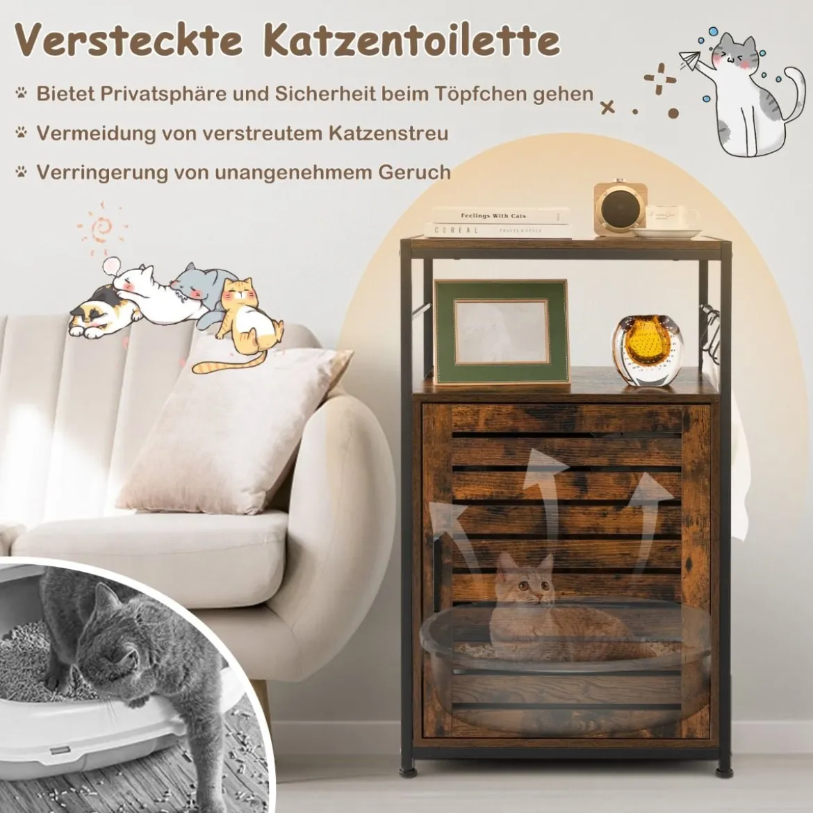 Katzenschrank Katzentoilette mit Lamellentür & Eingang Katzenhaus mit Regal & Haken Braun