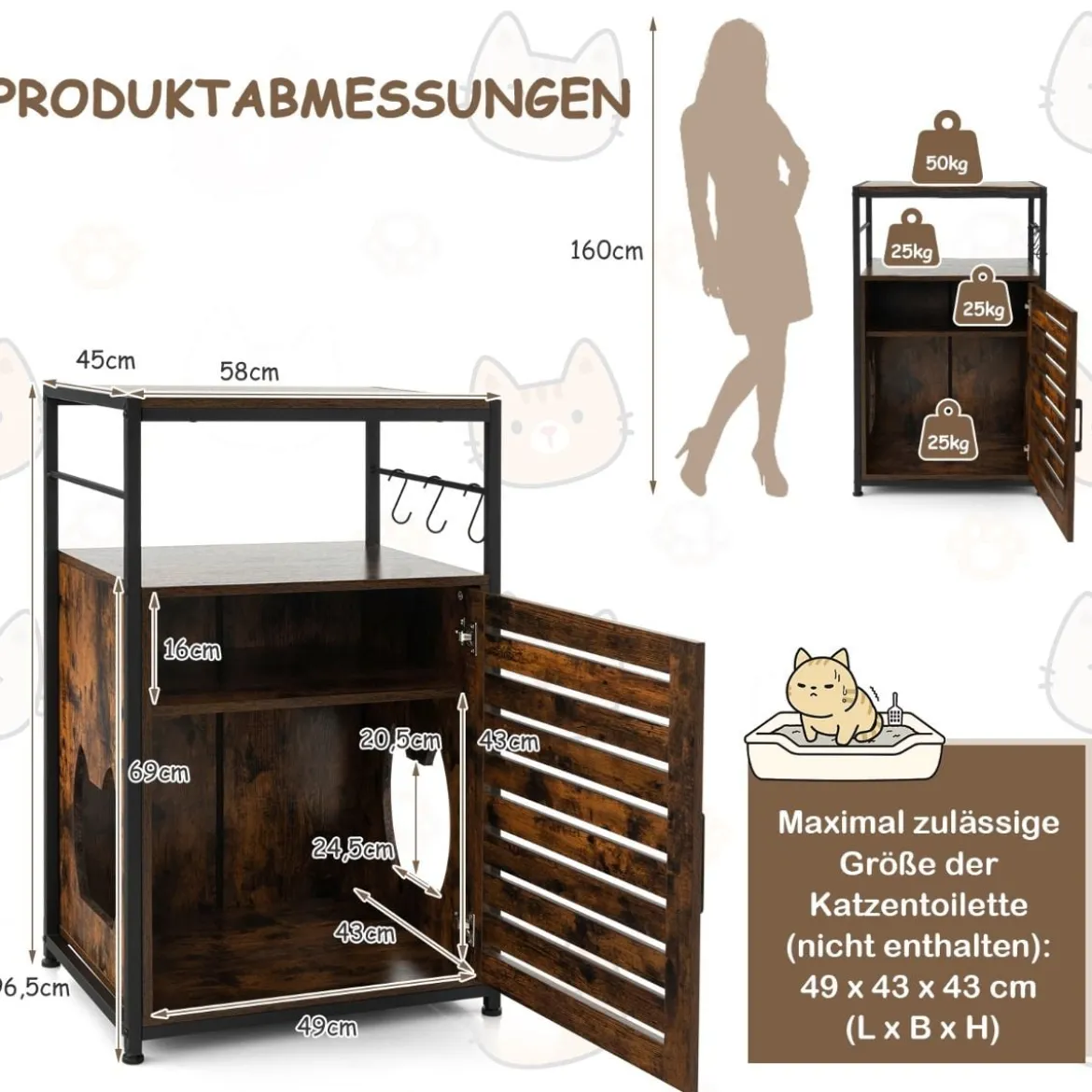 Katzenschrank Katzentoilette mit Lamellentür & Eingang Katzenhaus mit Regal & Haken Braun