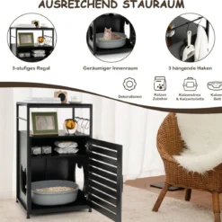 Katzenschrank Katzentoilette mit Lamellentür & Eingang Katzenhaus mit Regal & Haken Schwarz