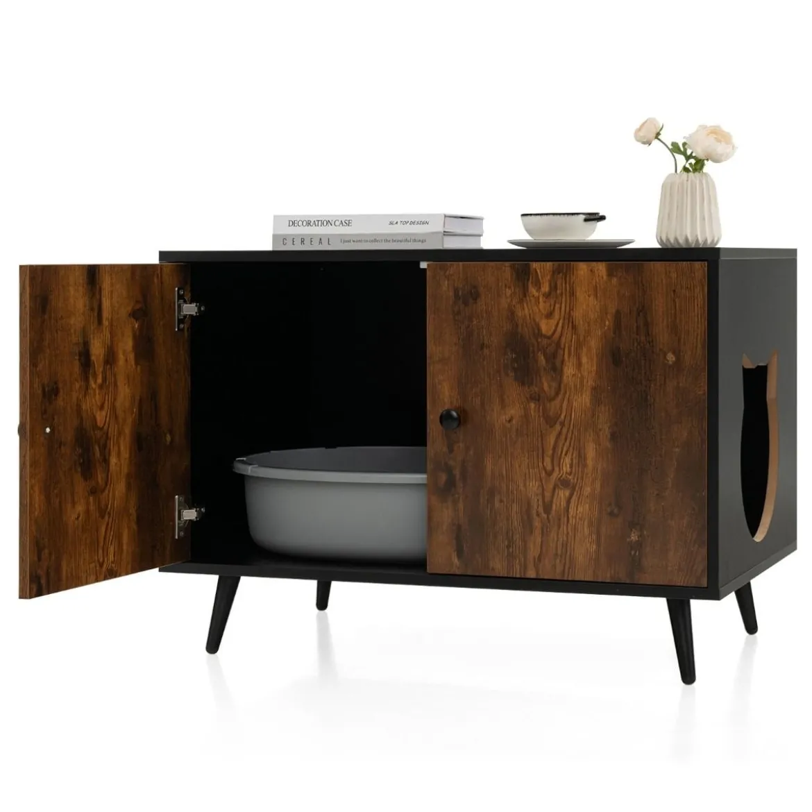 Katzenschrank Katzentoilette Katzenhaus mit Doppeltüren & Eingang 80 x 50 x 57 cm Schwarz + Natur