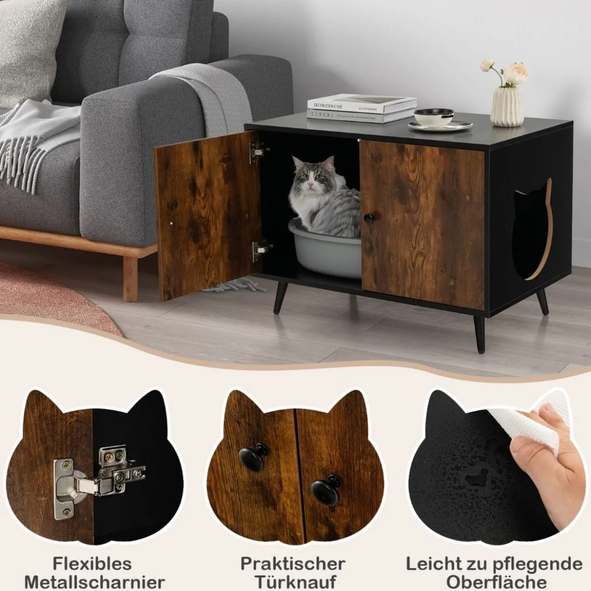 Katzenschrank Katzentoilette Katzenhaus mit Doppeltüren & Eingang 80 x 50 x 57 cm Schwarz + Natur