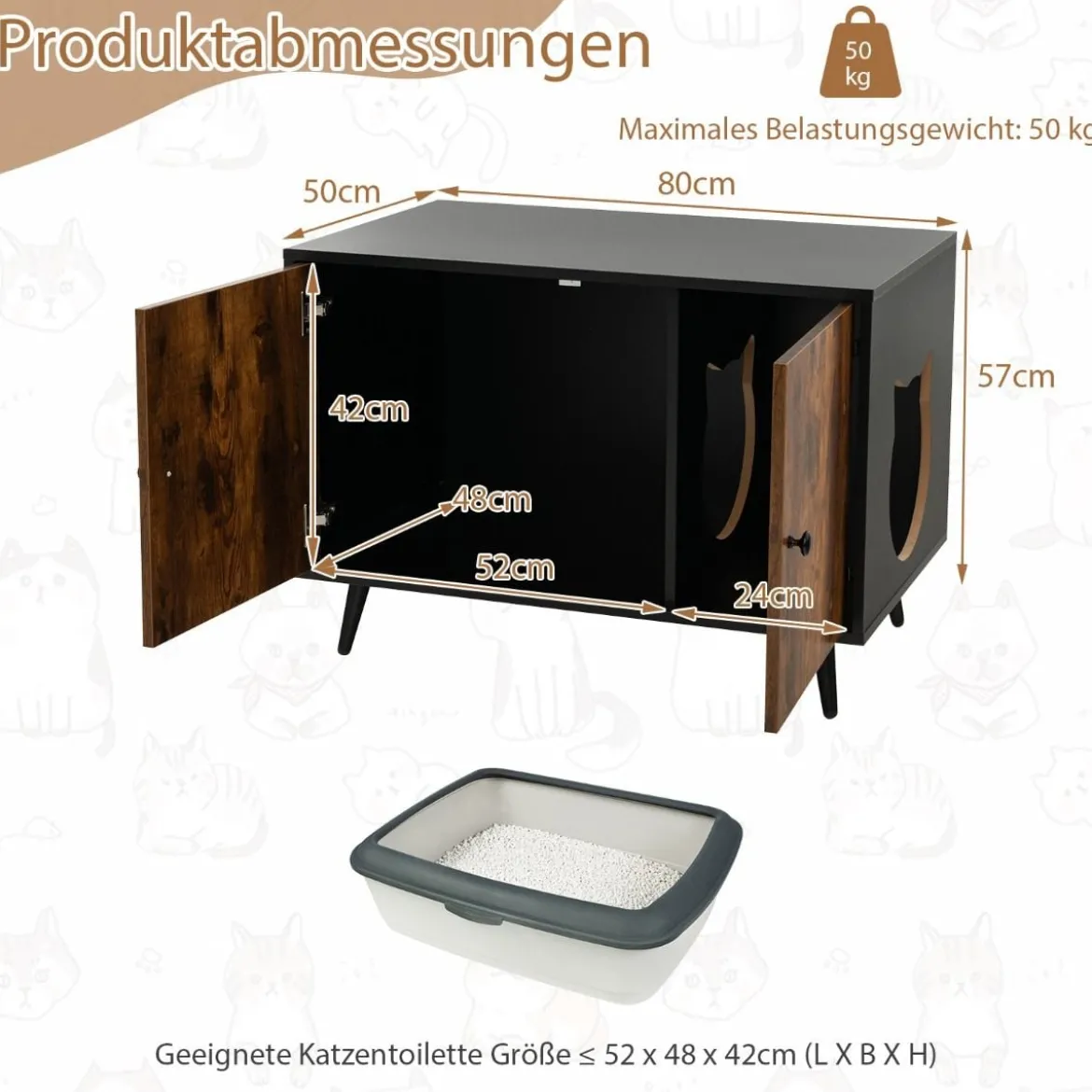 Katzenschrank Katzentoilette Katzenhaus mit Doppeltüren & Eingang 80 x 50 x 57 cm Schwarz + Natur