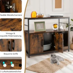 Katzenschrank Katzentoilette mit Doppeltüren & Kratzunterlage Katzenhaus mit Haken Braun