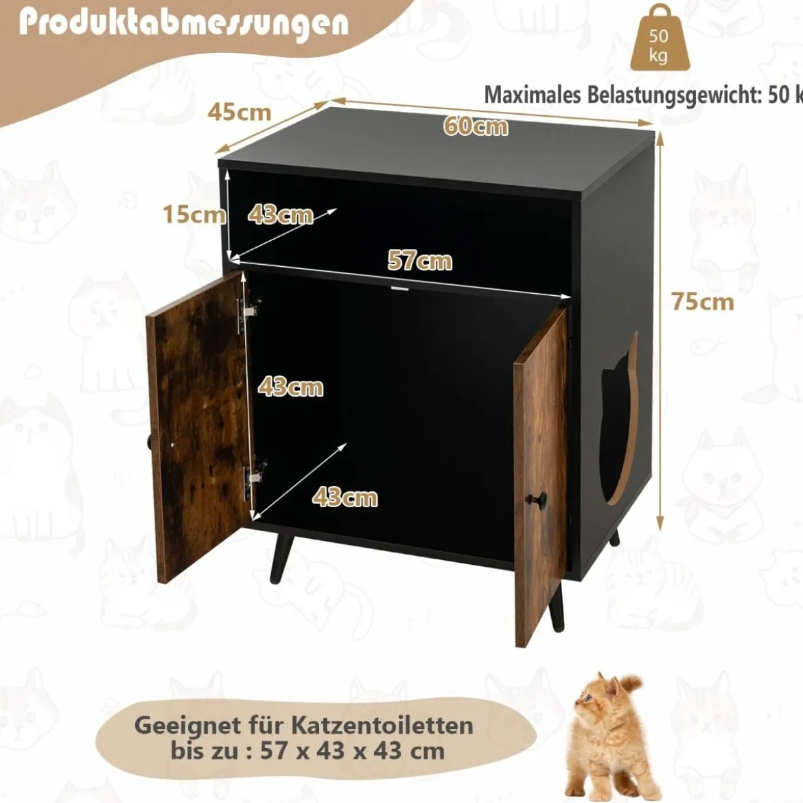 Katzenschrank Katzentoilette Katzenhaus mit Doppeltüren & Eingang 60 x 45 x 75 cm Schwarz + Natur