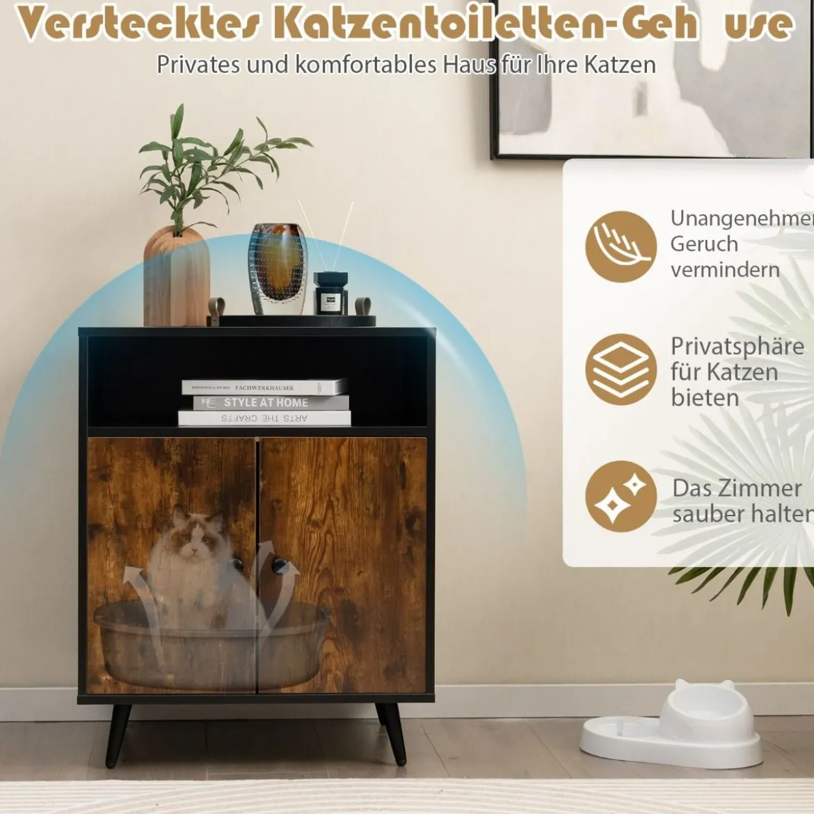 Katzenschrank Katzentoilette Katzenhaus mit Doppeltüren & Eingang 60 x 45 x 75 cm Schwarz + Natur