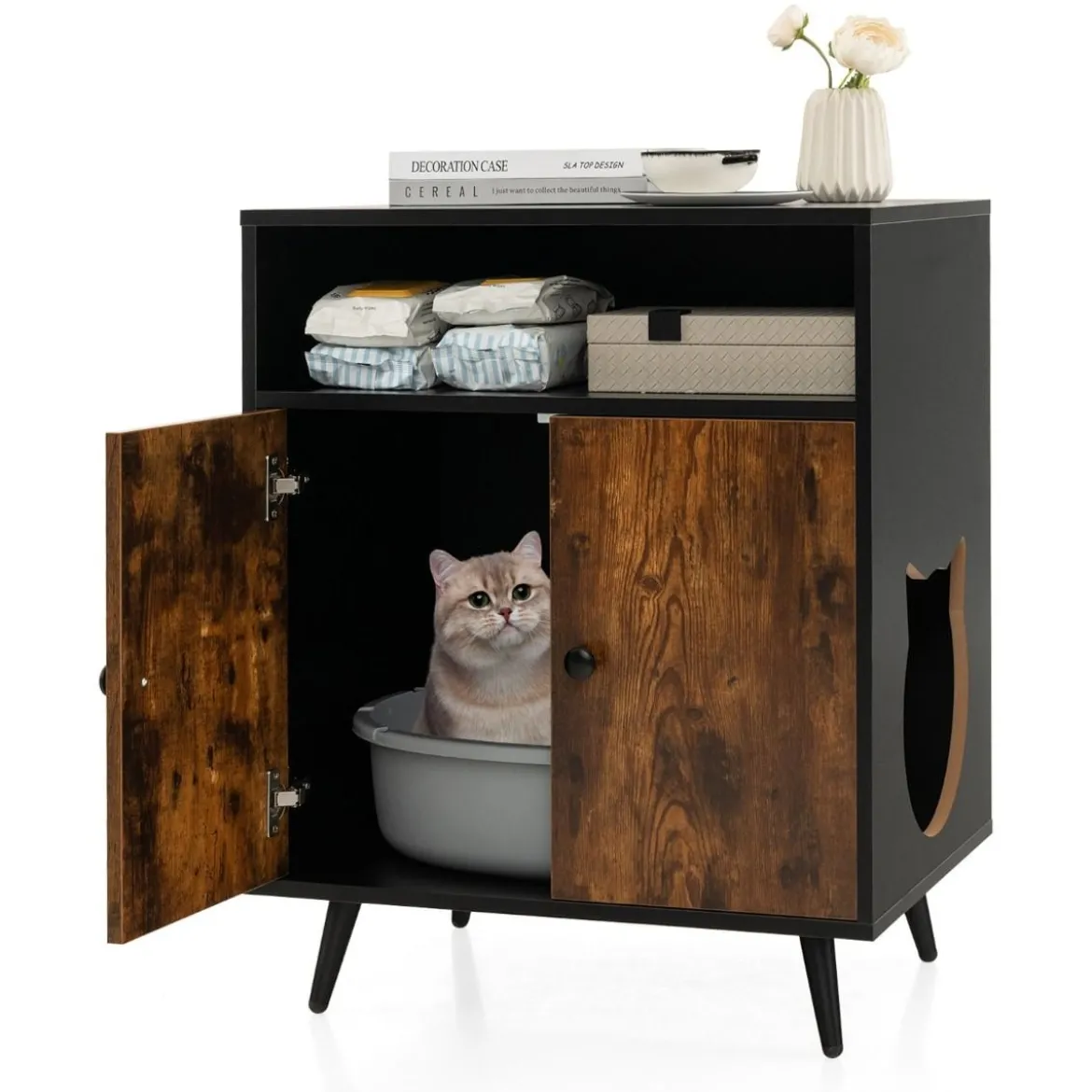 Katzenschrank Katzentoilette Katzenhaus mit Doppeltüren & Eingang 60 x 45 x 75 cm Schwarz + Natur