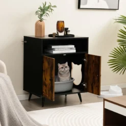 Katzenschrank Katzentoilette Katzenhaus mit Doppeltüren & Eingang 60 x 45 x 75 cm Schwarz + Natur