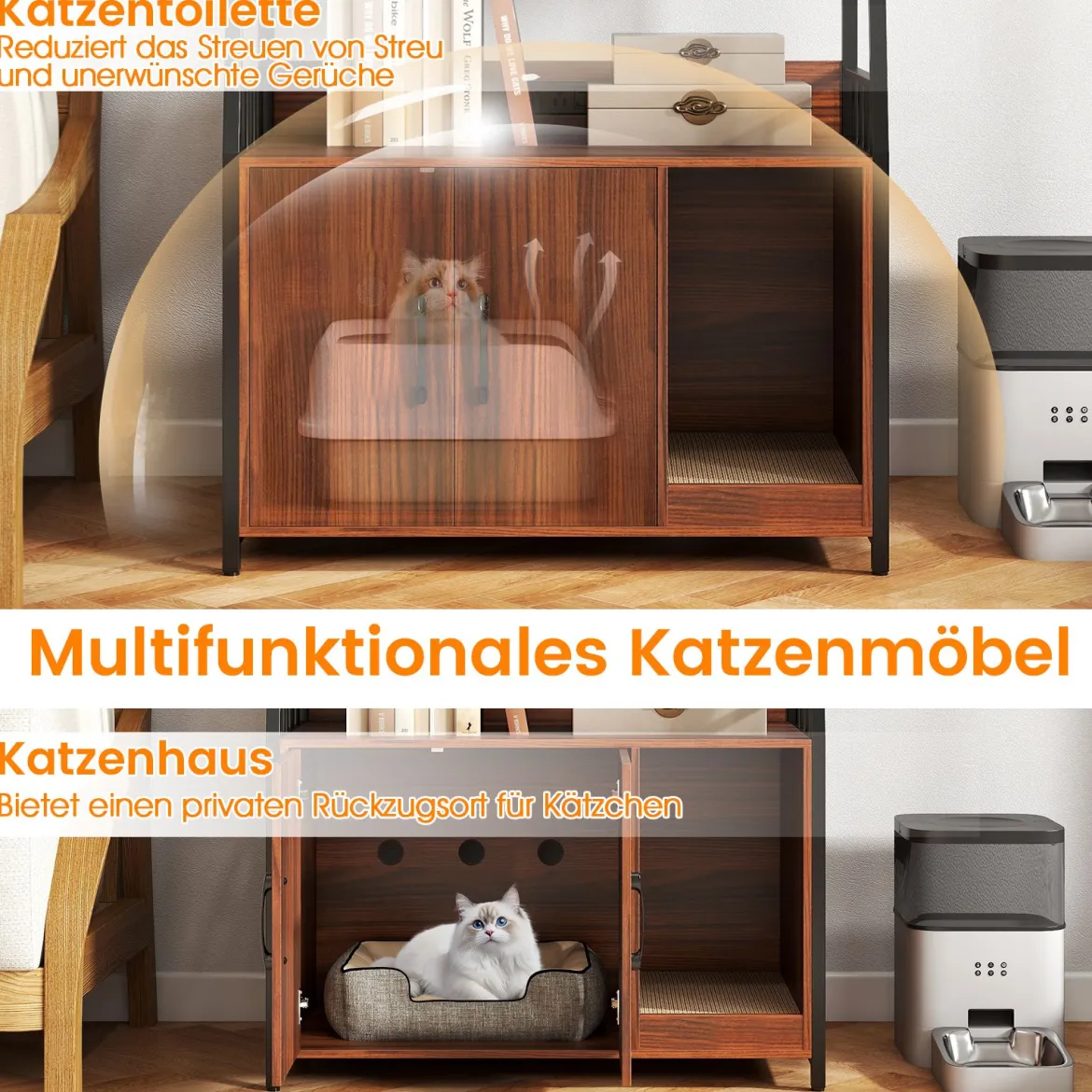 Katzenschrank mit Bücherregal Ladestation 3 Ebenen Kratzmatte & Eingang 80 x 40 x 132cm Walnuss