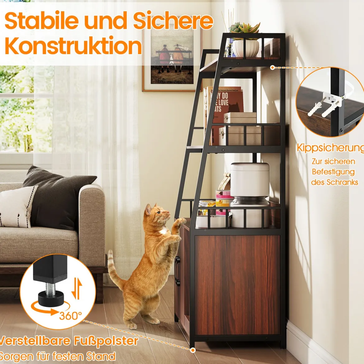 Katzenschrank mit Bücherregal Ladestation 3 Ebenen Kratzmatte & Eingang 80 x 40 x 132cm Walnuss