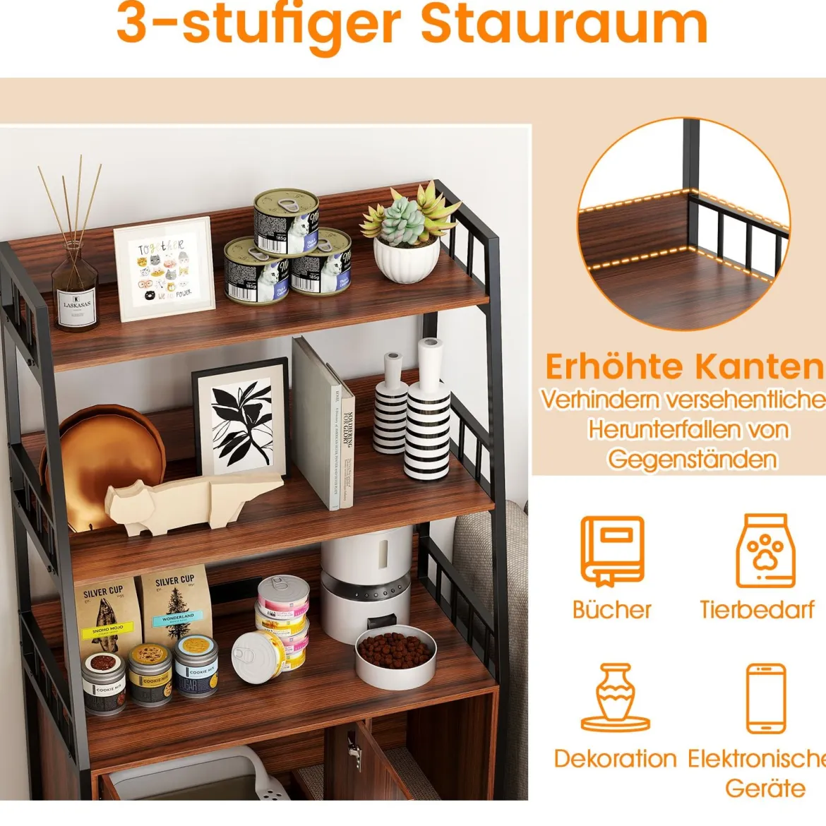 Katzenschrank mit Bücherregal Ladestation 3 Ebenen Kratzmatte & Eingang 80 x 40 x 132cm Walnuss