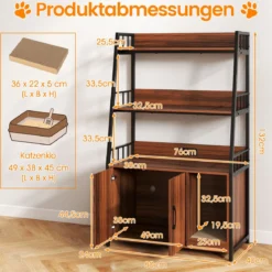 Katzenschrank mit Bücherregal Ladestation 3 Ebenen Kratzmatte & Eingang 80 x 40 x 132cm Walnuss