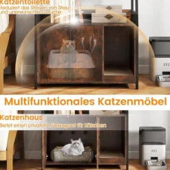 Katzenschrank mit Bücherregal Ladestation 3 Ebenen Kratzmatte & Eingang 80 x 40 x 132cm Braun