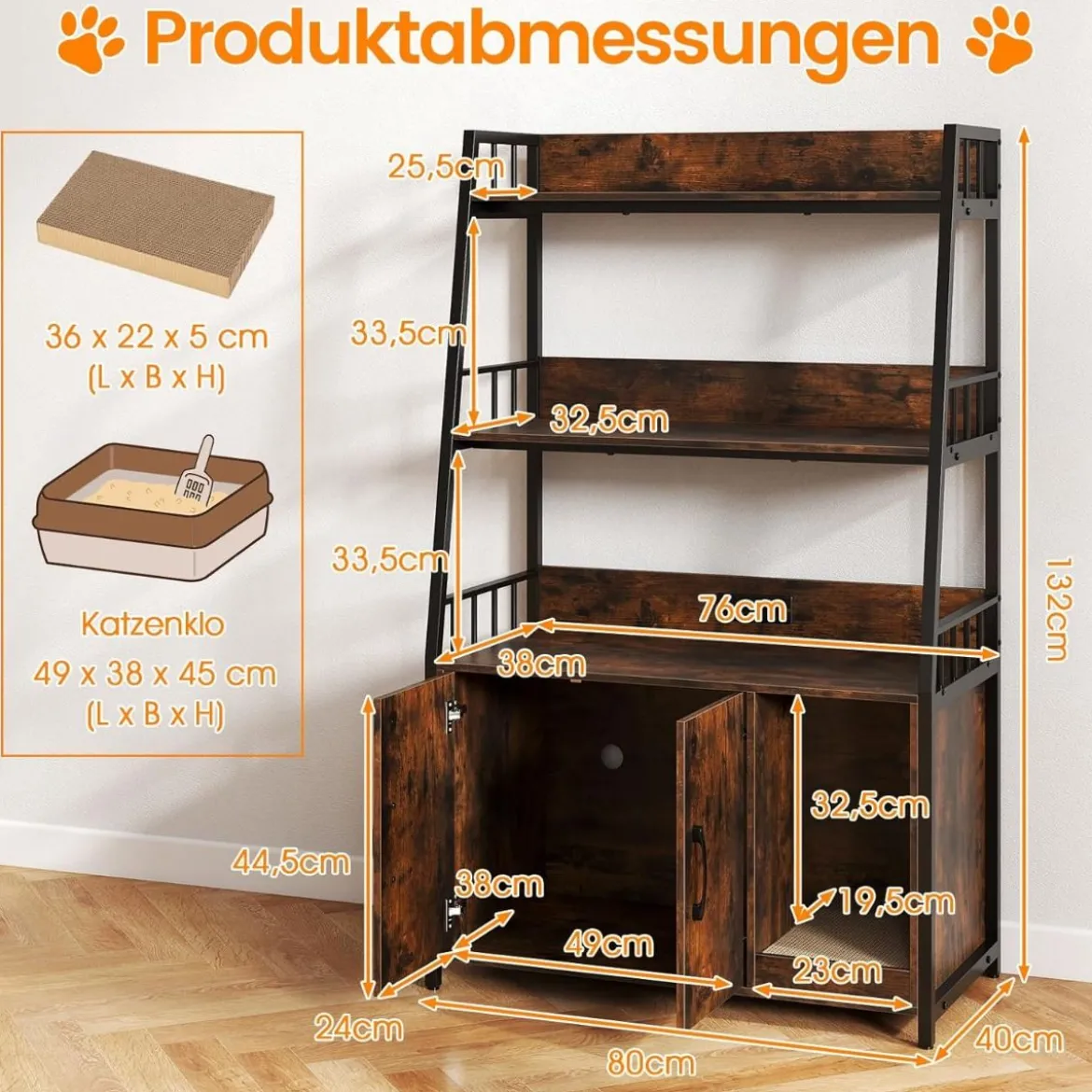 Katzenschrank mit Bücherregal Ladestation 3 Ebenen Kratzmatte & Eingang 80 x 40 x 132cm Braun