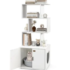 Katzenschrank mit Bücherregal Katzenklo Schrank für Katzentoilette 60 x 45,5 x 142 cm Weiß/Braun