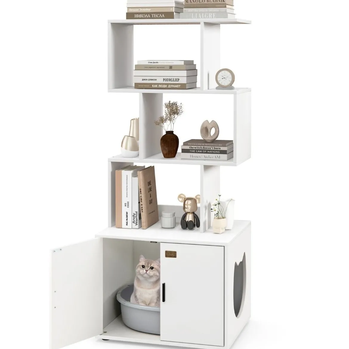 Katzenschrank mit Bücherregal Katzenklo Schrank für Katzentoilette 60 x 45,5 x 142 cm Weiß/Braun