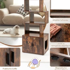 Katzenschrank mit Bücherregal Katzenklo Schrank für Katzentoilette 60 x 45,5 x 142 cm Weiß/Braun