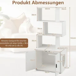 Katzenschrank mit Bücherregal Katzenklo Schrank für Katzentoilette 60 x 45,5 x 142 cm Weiß/Braun