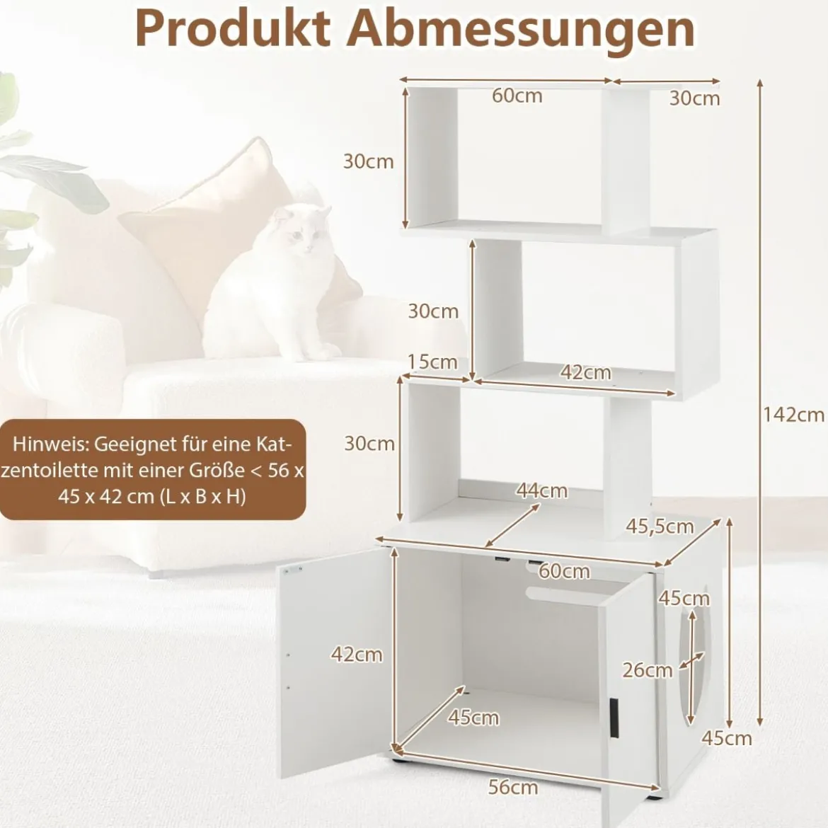 Katzenschrank mit Bücherregal Katzenklo Schrank für Katzentoilette 60 x 45,5 x 142 cm Weiß/Braun