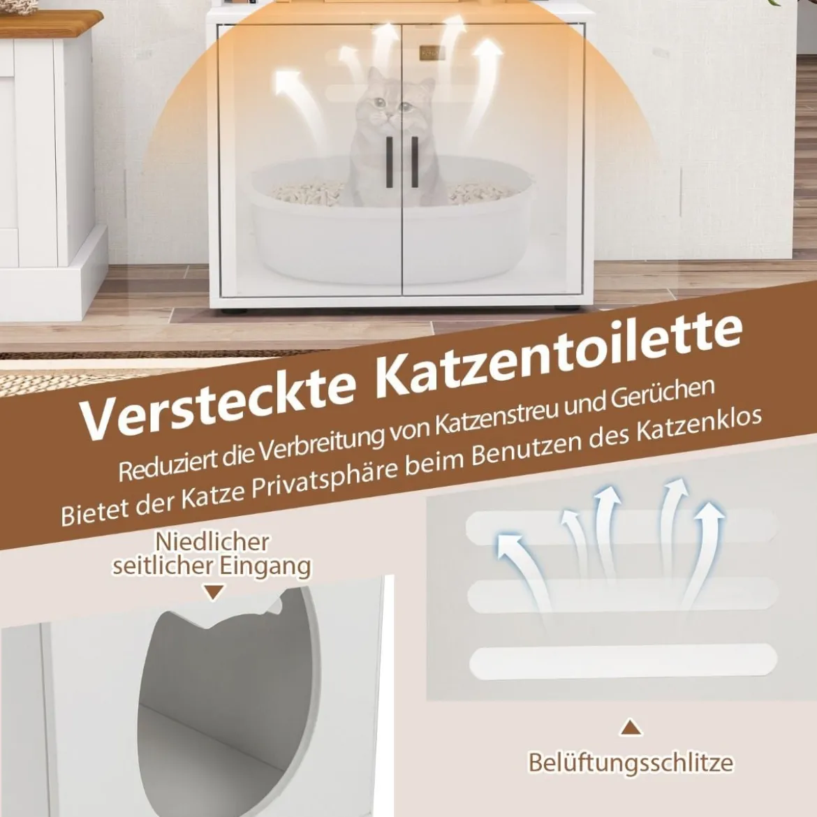 Katzenschrank mit Bücherregal Katzenklo Schrank für Katzentoilette 60 x 45,5 x 142 cm Weiß/Braun