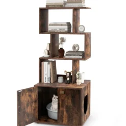 Katzenschrank mit Bücherregal Katzenklo Schrank für Katzentoilette 60 x 45,5 x 142 cm Weiß/Braun