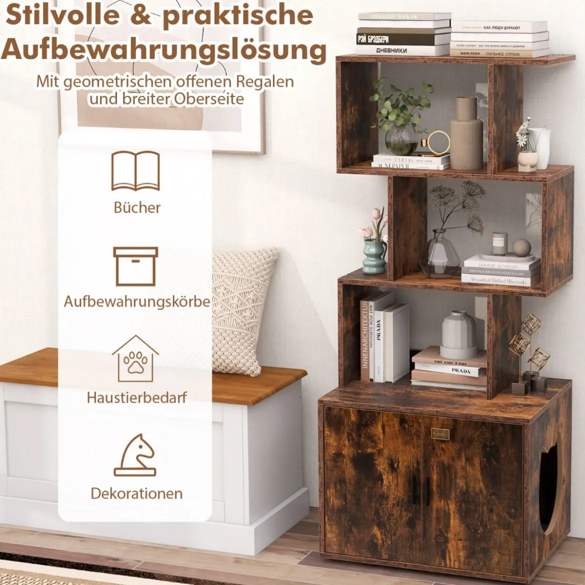 Katzenschrank mit Bücherregal Katzenklo Schrank für Katzentoilette 60 x 45,5 x 142 cm Weiß/Braun