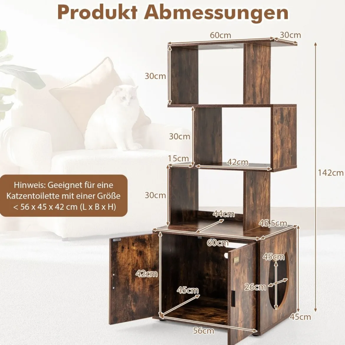 Katzenschrank mit Bücherregal Katzenklo Schrank für Katzentoilette 60 x 45,5 x 142 cm Weiß/Braun