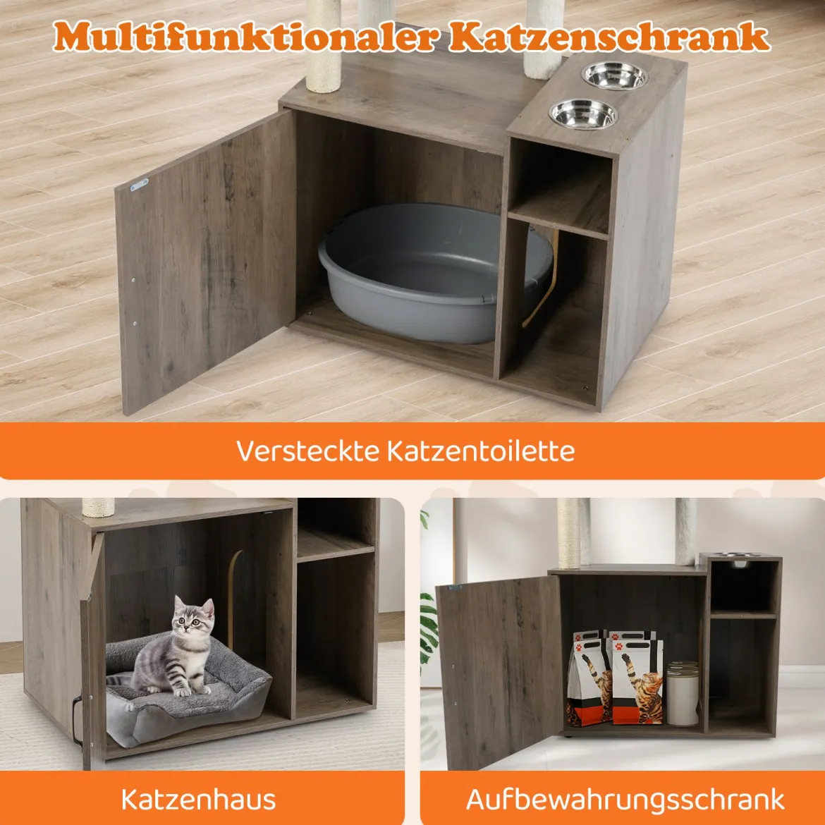 Katzenschrank mit Kratzbaum Katzenturm mit Sisal-Kratzpfosten Kratzmatte & hängendem Ball Katzenbaum Grau