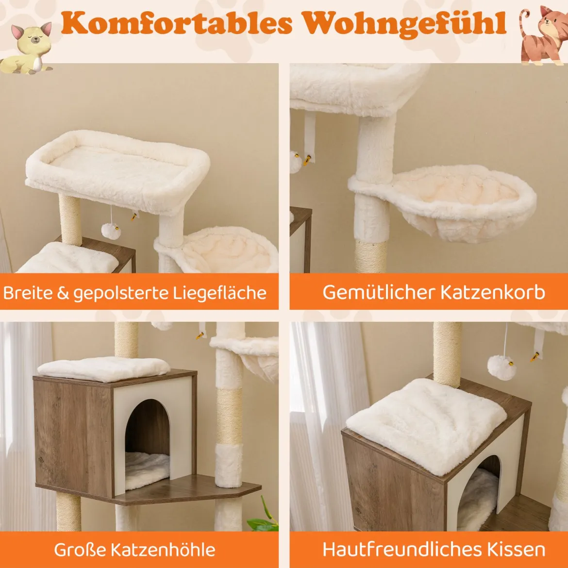 Katzenschrank mit Kratzbaum Katzenturm mit Sisal-Kratzpfosten Kratzmatte & hängendem Ball Katzenbaum Grau