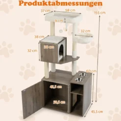 Katzenschrank mit Kratzbaum Katzenturm mit Sisal-Kratzpfosten Kratzmatte & hängendem Ball Katzenbaum Grau