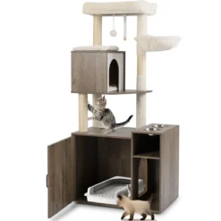 Katzenschrank mit Kratzbaum Katzenturm mit Sisal-Kratzpfosten Kratzmatte & hängendem Ball Katzenbaum Grau