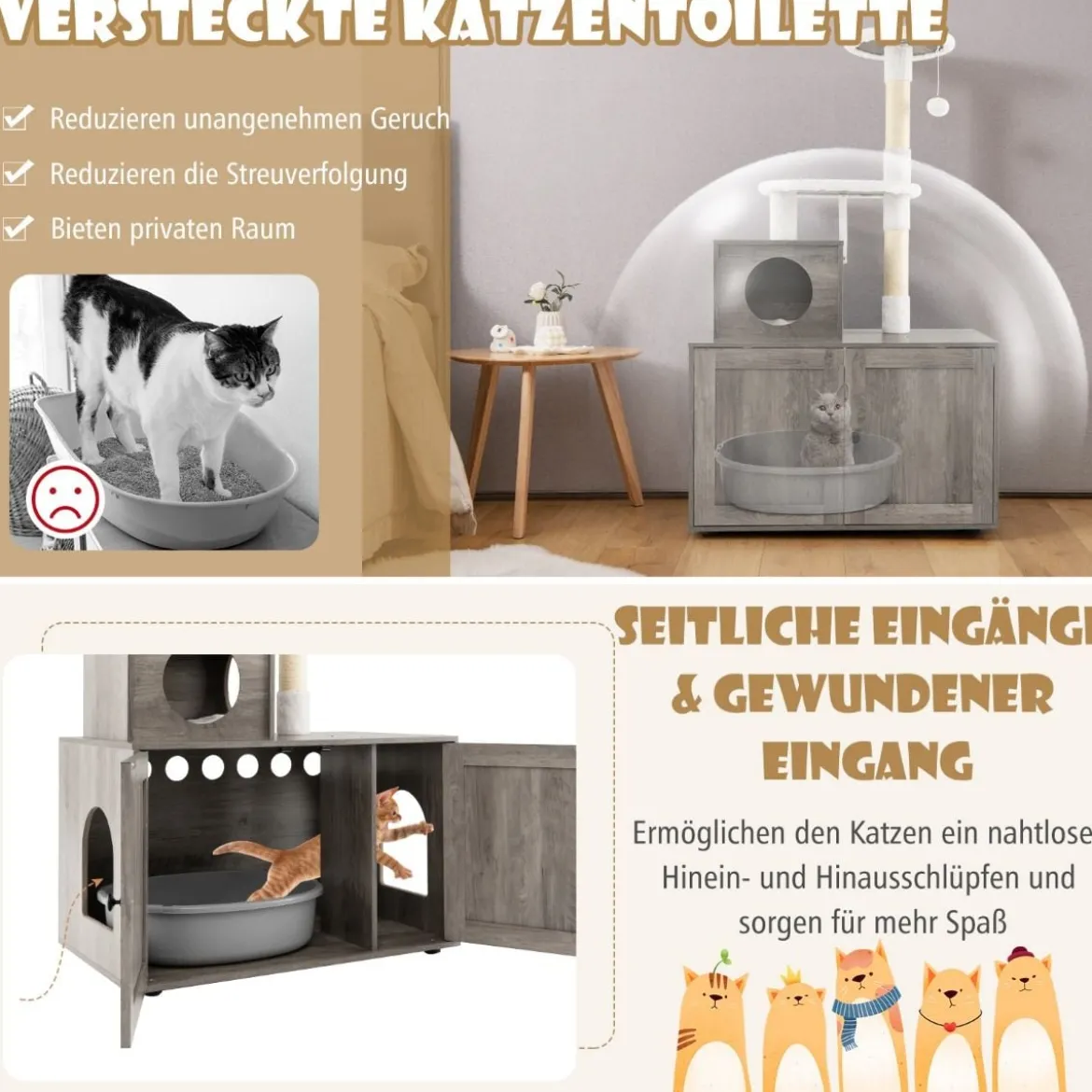 Katzenschrank mit Kratzbaum Gehäuse für Katzentoiletten Katzenmöbel Weiß/Grau/Rustikales Braun