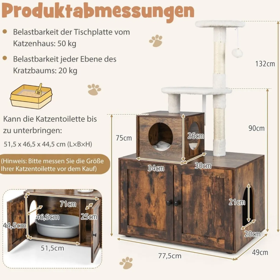 Katzenschrank mit Kratzbaum Gehäuse für Katzentoiletten Katzenmöbel Weiß/Grau/Rustikales Braun