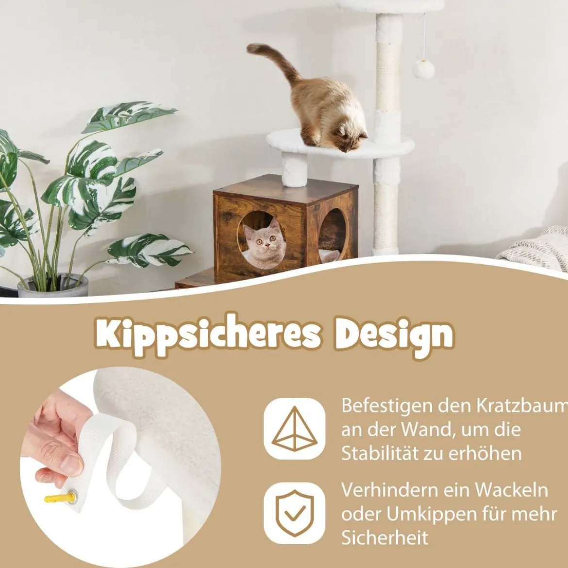 Katzenschrank mit Kratzbaum Gehäuse für Katzentoiletten Katzenmöbel Weiß/Grau/Rustikales Braun
