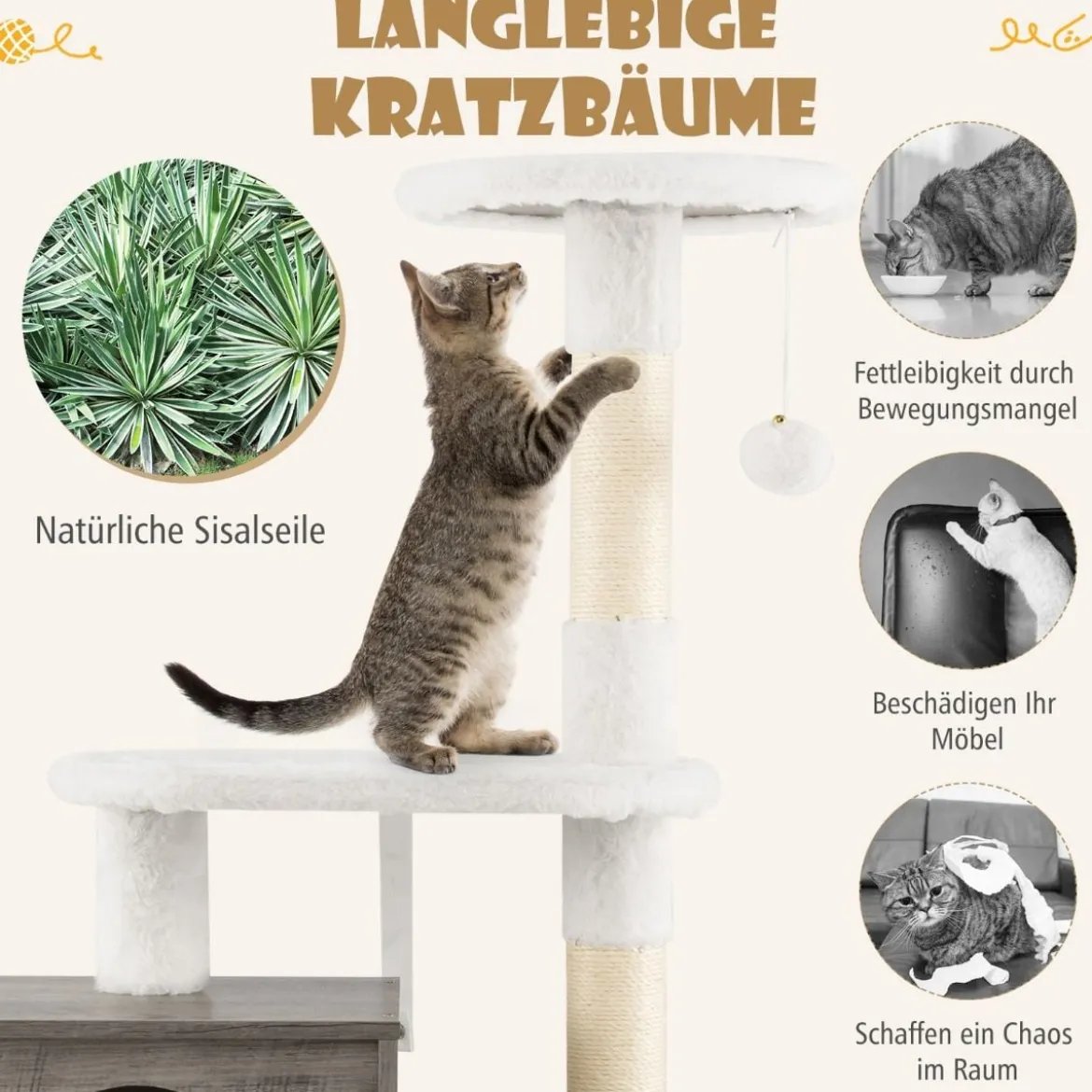 Katzenschrank mit Kratzbaum Gehäuse für Katzentoiletten Katzenmöbel Weiß/Grau/Rustikales Braun