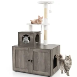 Katzenschrank mit Kratzbaum Gehäuse für Katzentoiletten Katzenmöbel Weiß/Grau/Rustikales Braun