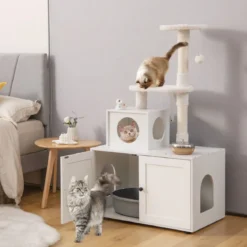 Katzenschrank mit Kratzbaum Gehäuse für Katzentoiletten Katzenmöbel Weiß/Grau/Rustikales Braun