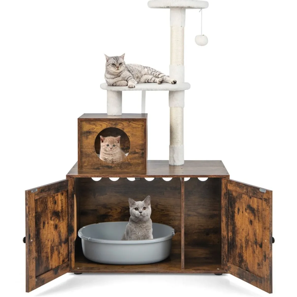 Katzenschrank mit Kratzbaum Gehäuse für Katzentoiletten Katzenmöbel Weiß/Grau/Rustikales Braun