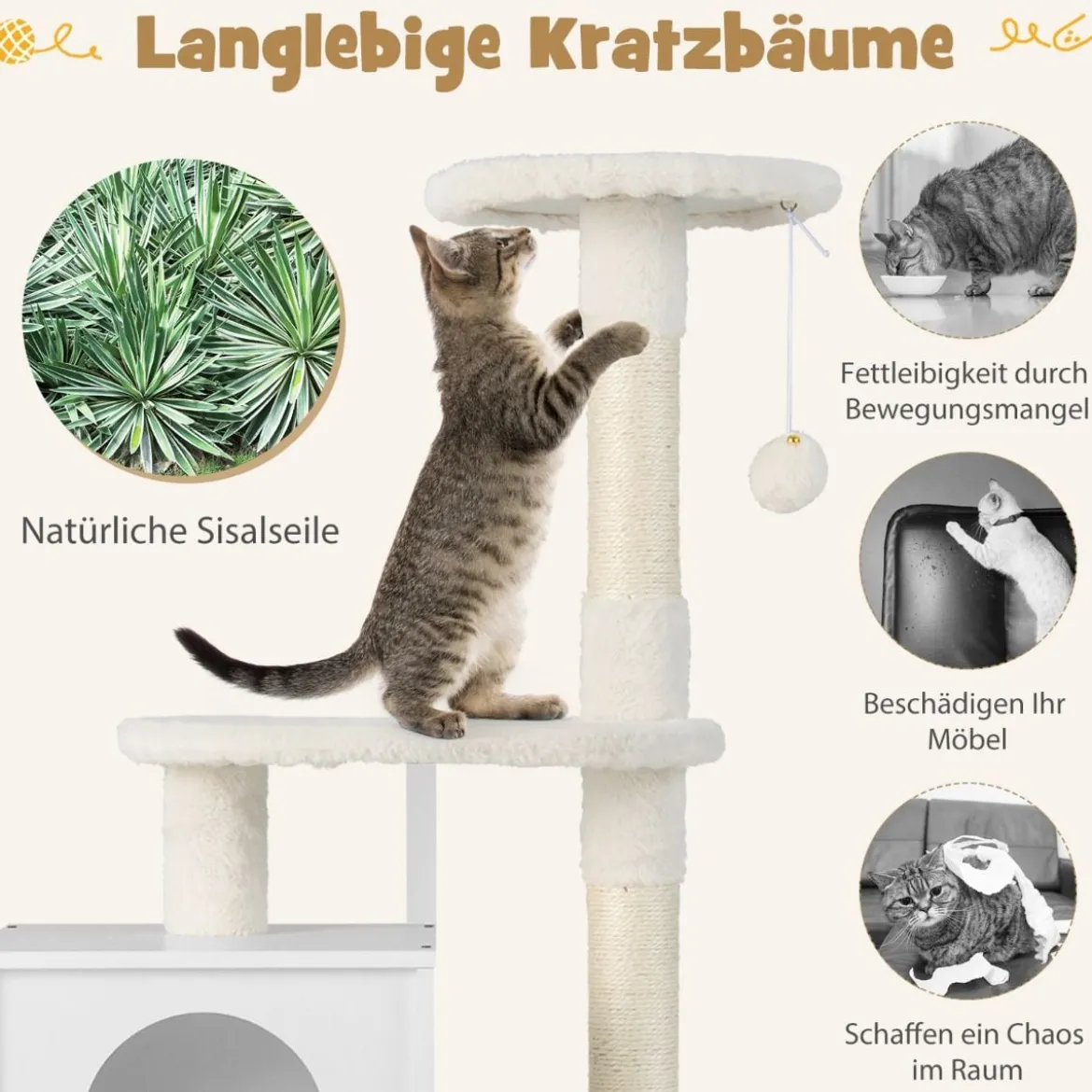 Katzenschrank mit Kratzbaum Gehäuse für Katzentoiletten Katzenmöbel Weiß/Grau/Rustikales Braun