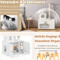 Katzenschrank mit Kratzbaum Gehäuse für Katzentoiletten Katzenmöbel Weiß/Grau/Rustikales Braun