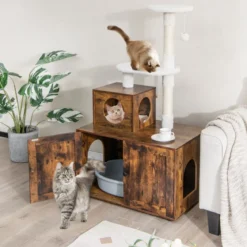 Katzenschrank mit Kratzbaum Gehäuse für Katzentoiletten Katzenmöbel Weiß/Grau/Rustikales Braun