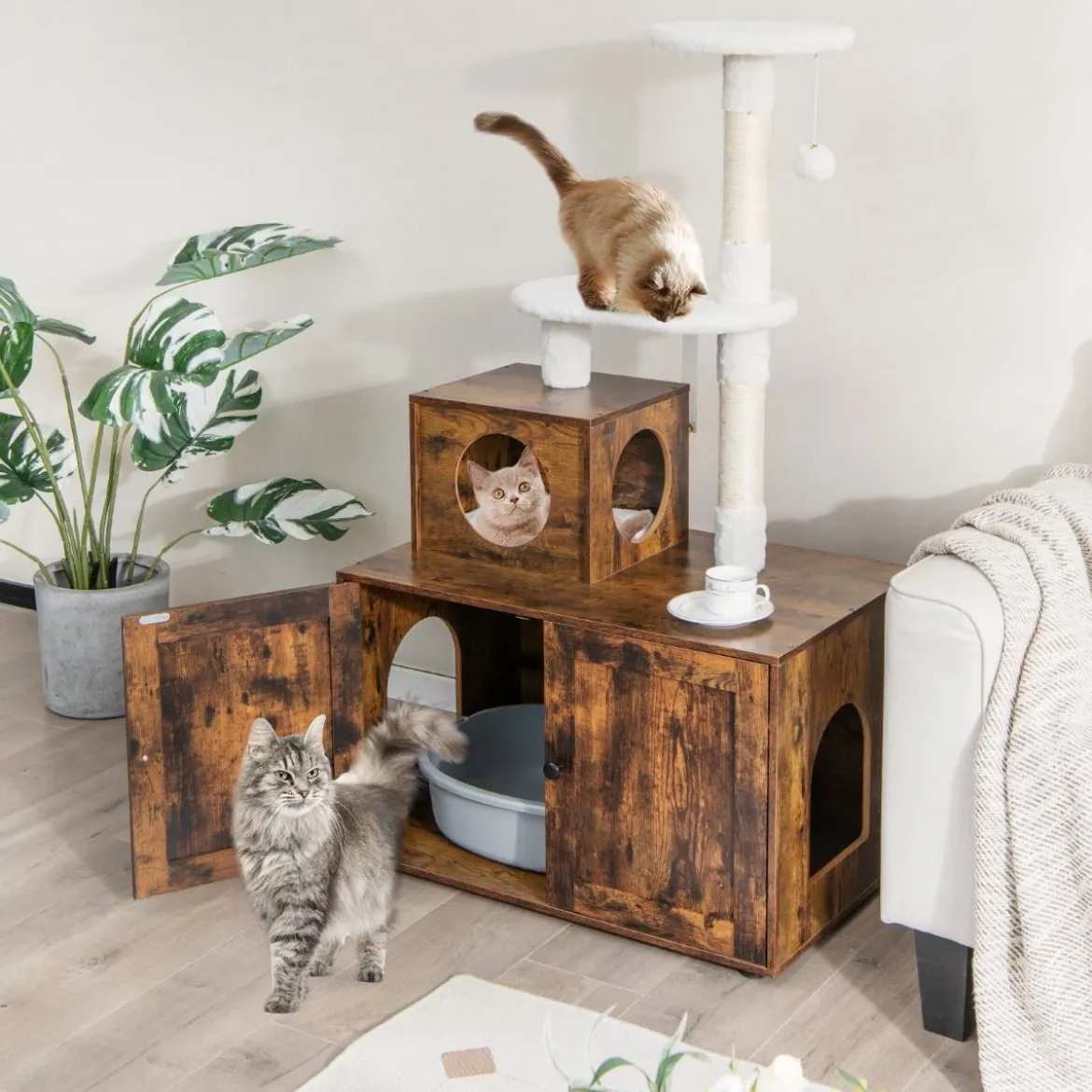 Katzenschrank mit Kratzbaum Gehäuse für Katzentoiletten Katzenmöbel Weiß/Grau/Rustikales Braun