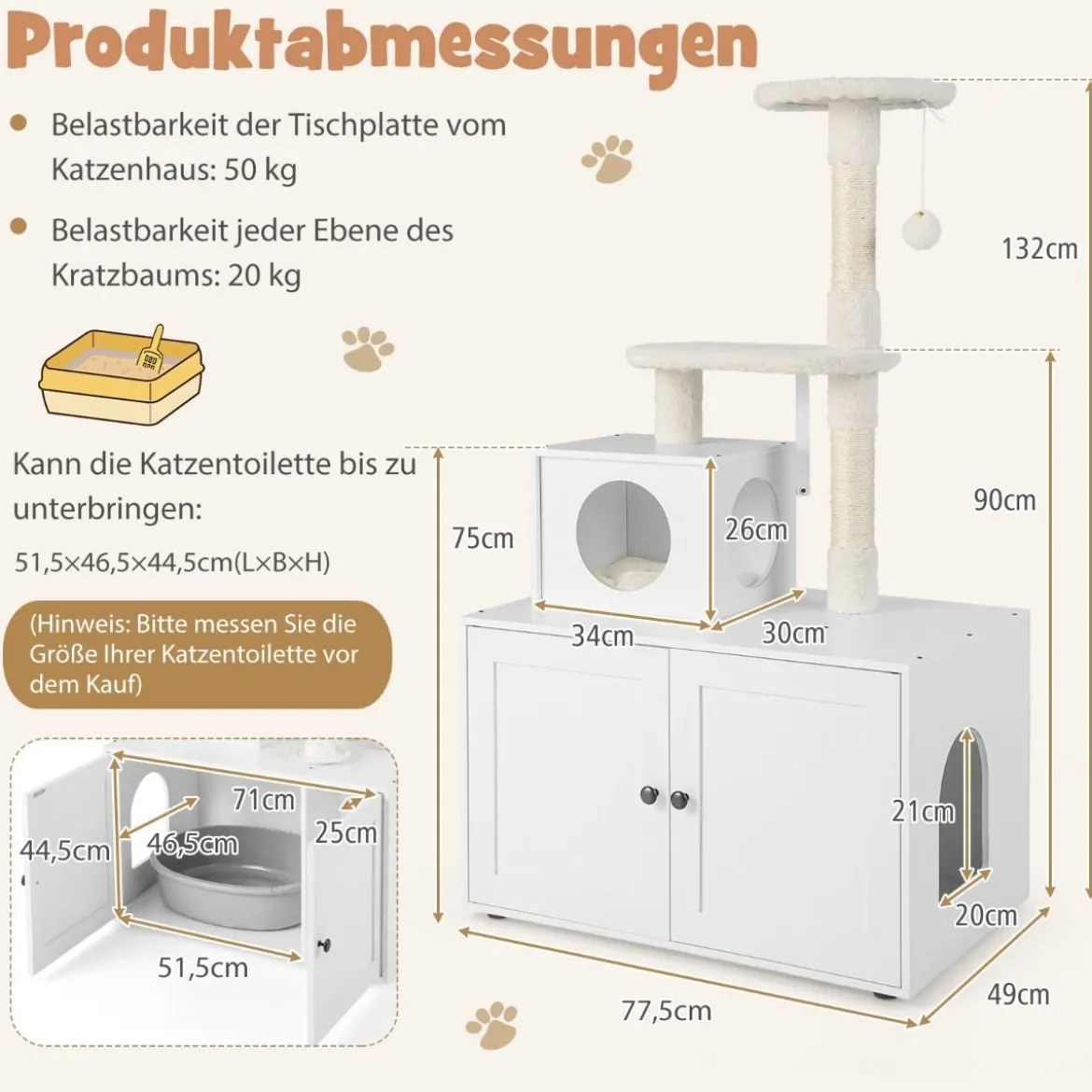 Katzenschrank mit Kratzbaum Gehäuse für Katzentoiletten Katzenmöbel Weiß/Grau/Rustikales Braun