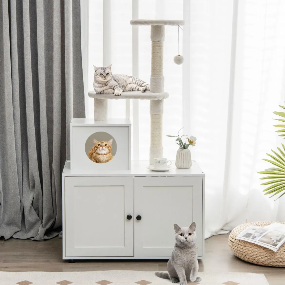 Katzenschrank mit Kratzbaum Gehäuse für Katzentoiletten Katzenmöbel Weiß/Grau/Rustikales Braun