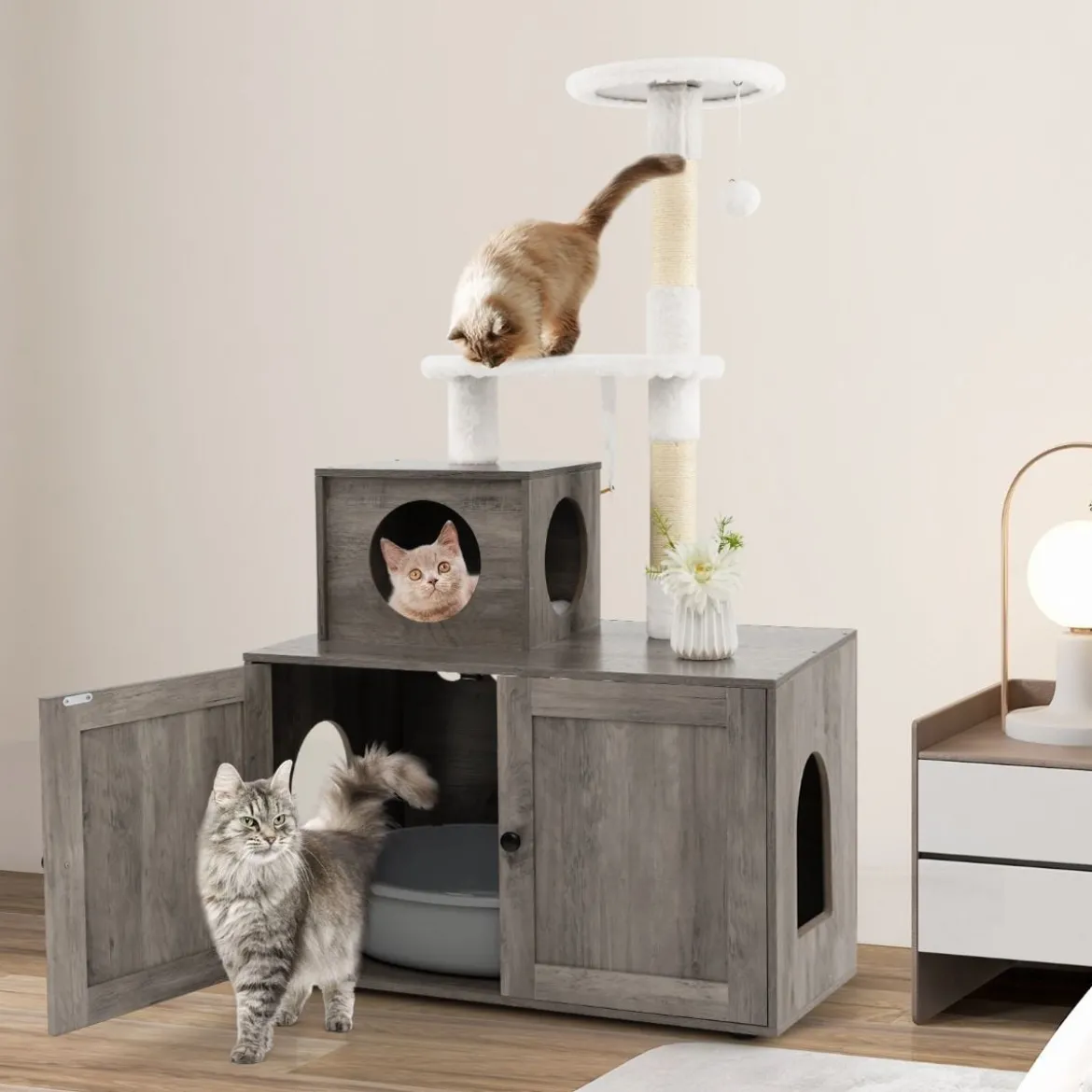 Katzenschrank mit Kratzbaum Gehäuse für Katzentoiletten Katzenmöbel Weiß/Grau/Rustikales Braun