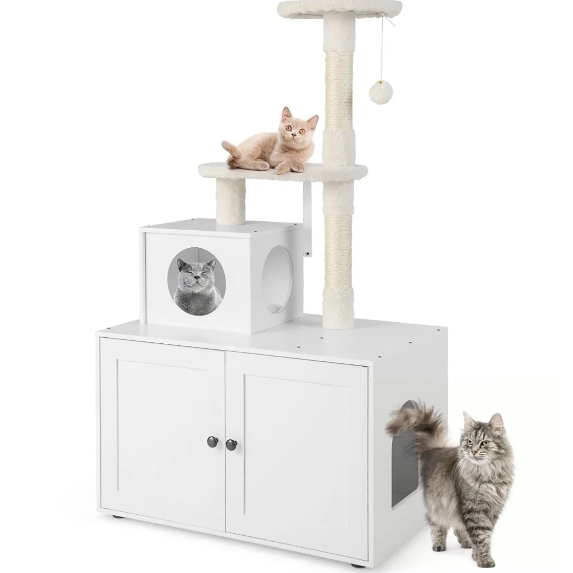 Katzenschrank mit Kratzbaum Gehäuse für Katzentoiletten Katzenmöbel Weiß/Grau/Rustikales Braun