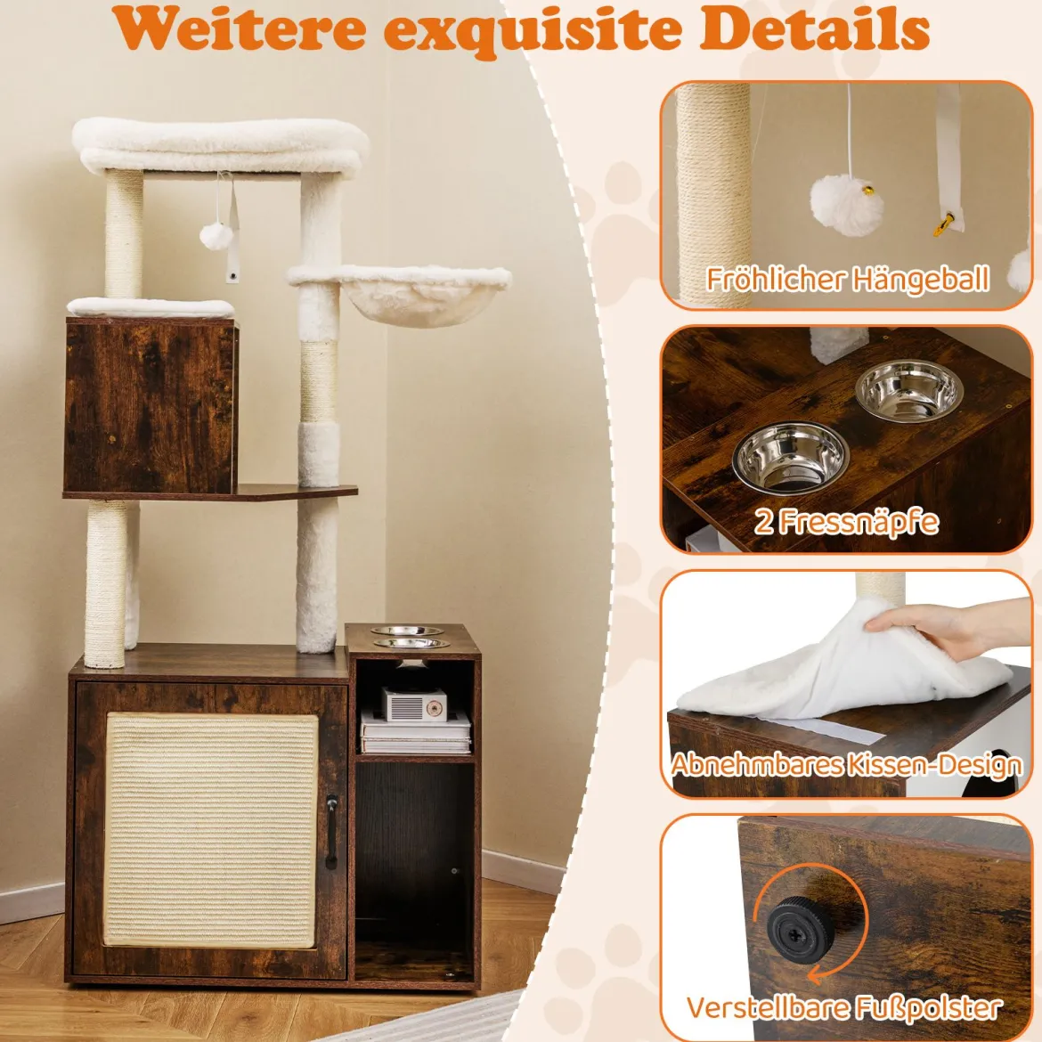Katzenschrank mit Kratzbaum Katzenturm mit Sisal-Kratzpfosten Kratzmatte & hängendem Ball Katzenbaum Braun